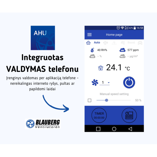 Blauberg Komfort Roto EC‑DE350‑S21 rekuperatorius su Wi-Fi